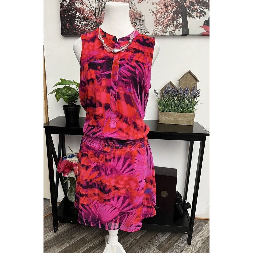 a.n.a A New Approach Women's Sleeveless Dress M Pink Orange Tropical Button Top